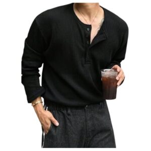 Trillion Men's Textured Fabric Solid Color Basic Half-Open Collar T-Shirt, Fall Long Sleeve Men Shirt | Tshirt for Men